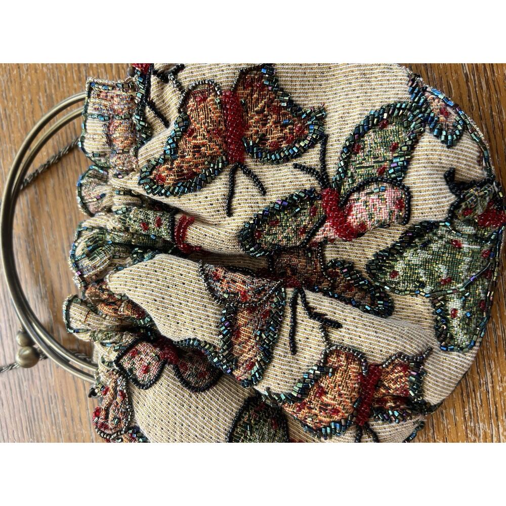 Vintage Beaded Butterfly Tapestry Purse W/Kiss Lock Clasp Handle Or Chain Strap - Picture 2 of 7